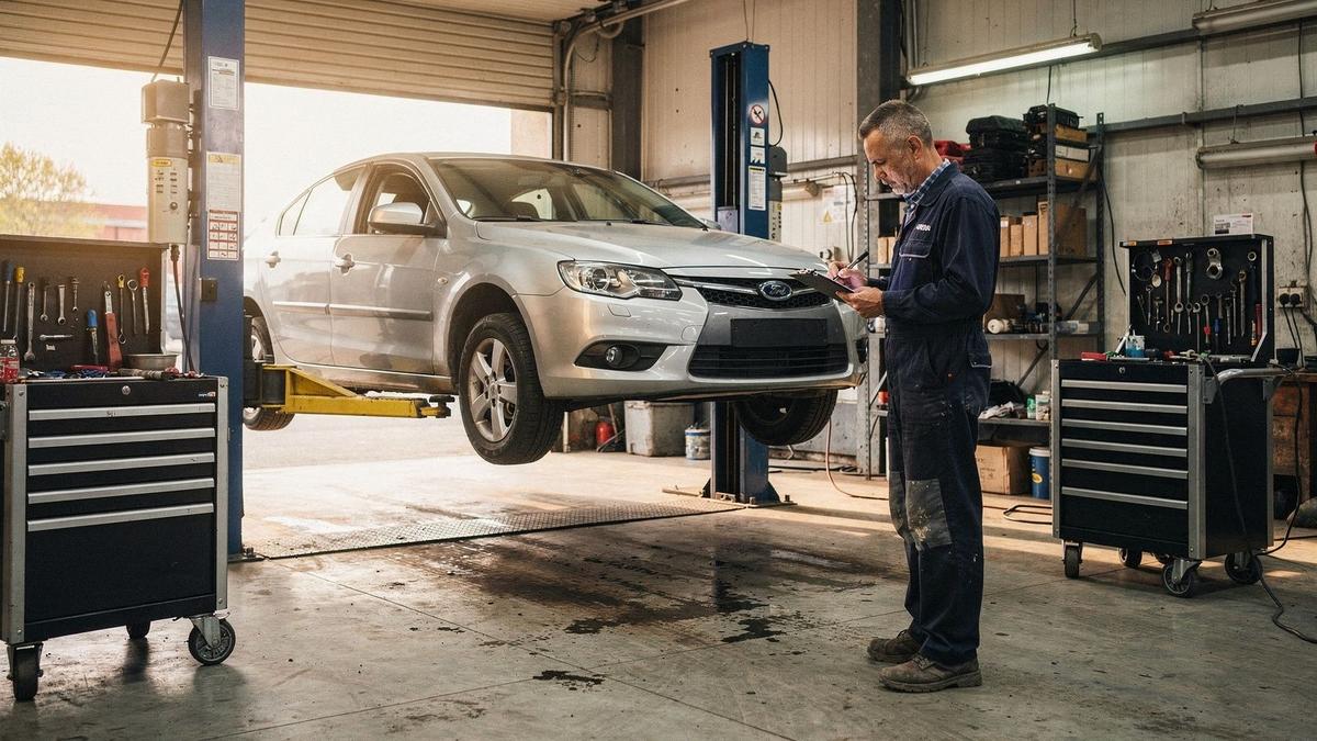 Service bay at the Pechersk branch with a lifted sedan and a technician logging inspection results on a tablet