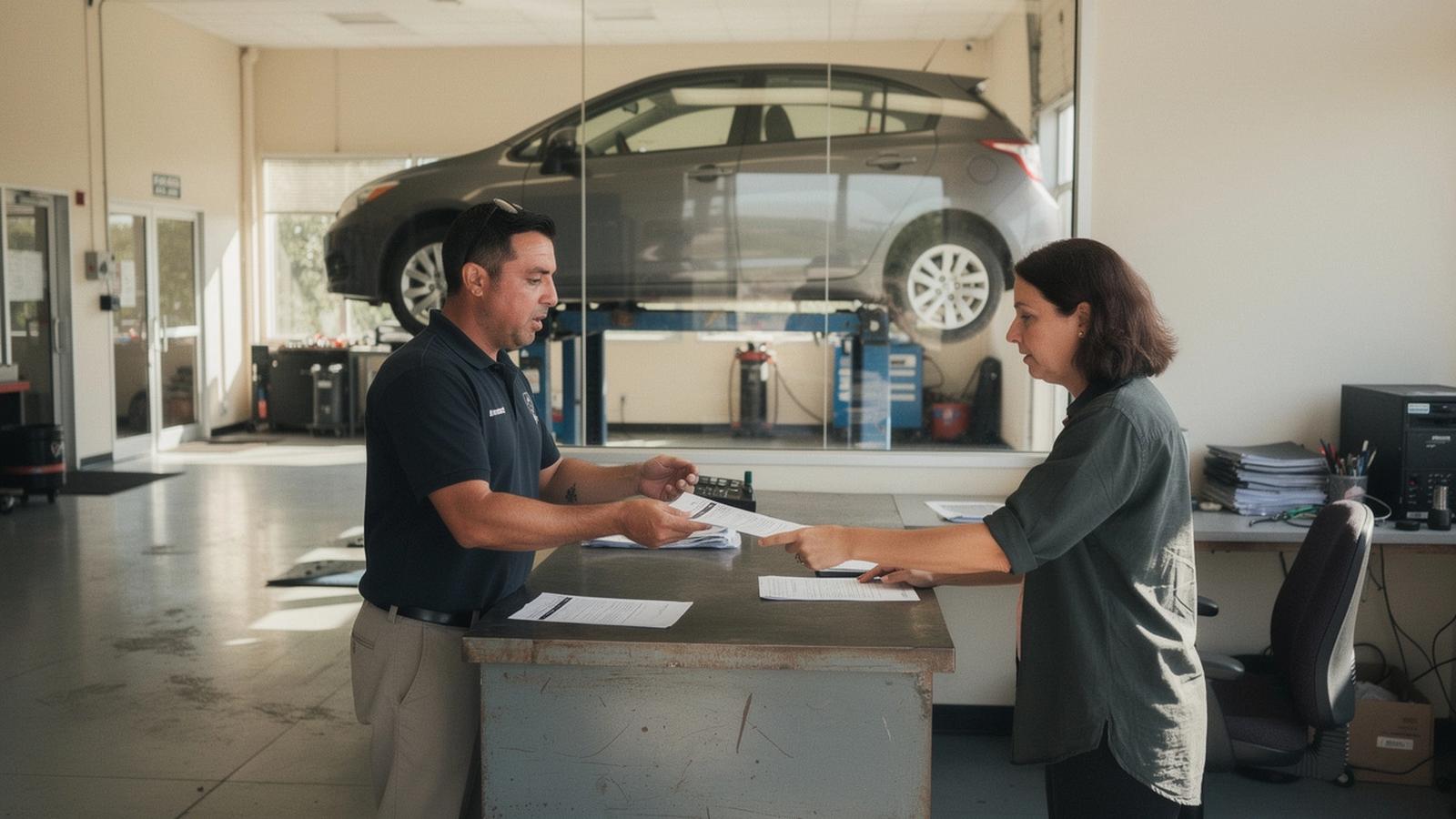 Technician at a service branch desk reviewing an inspection sheet beside a vehicle on the lift